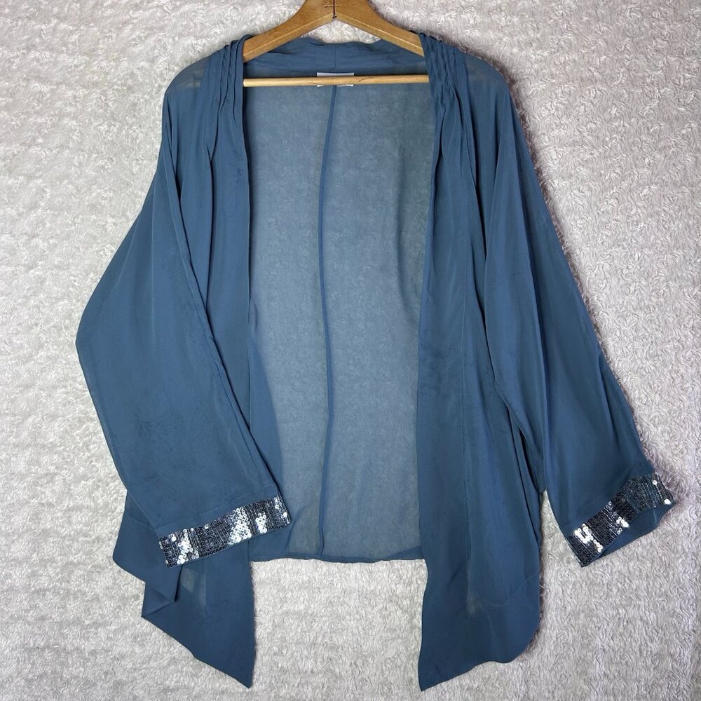 Soft Surroundings Blue Chiffon Open Front Cardigan Sequin Trim Cuff Layering Top